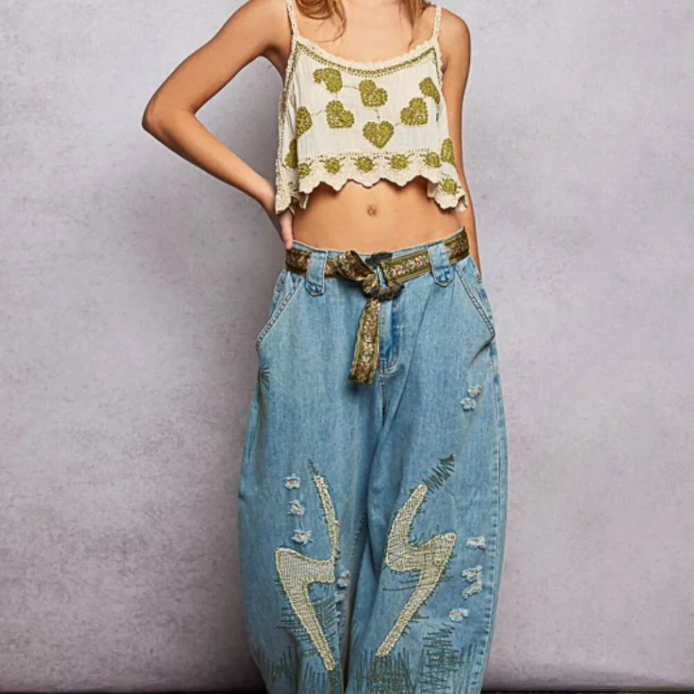 POL Floral Embroidered Shell Buckle Belt Olive Green